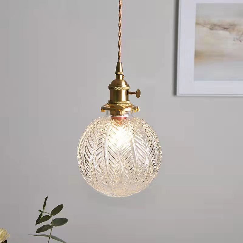 Contemporary Creative Round Orb Diamond Cone Copper Glass 1-Light Pendant Light For Bedroom