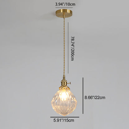 Contemporary Creative Round Orb Diamond Cone Copper Glass 1-Light Pendant Light For Bedroom