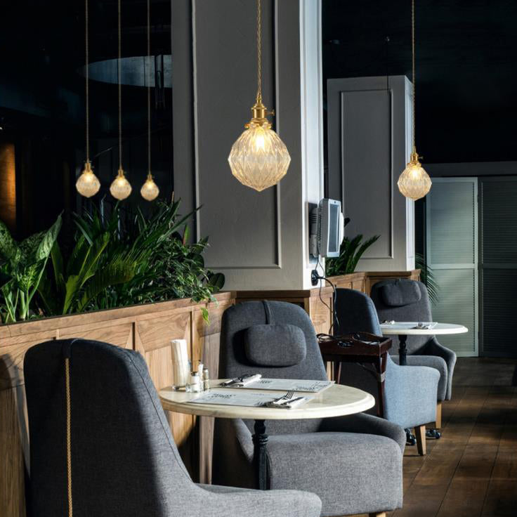 Contemporary Creative Round Orb Diamond Cone Copper Glass 1-Light Pendant Light For Bedroom