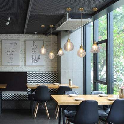 Contemporary Creative Round Orb Diamond Cone Copper Glass 1-Light Pendant Light For Bedroom