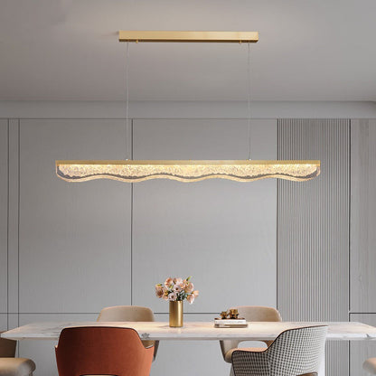 Modern Luxury Linear Rectangle Resin Crystal Copper Stainless Steel LED Island Light Chandelier For Dining Room