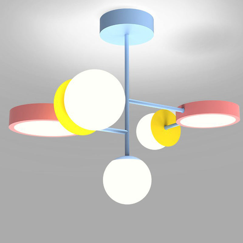 Contemporary Creative Macaron Kids Round Orb Iron Glass Aluminum LED Semi-Flush Mount Ceiling Light For Bedroom