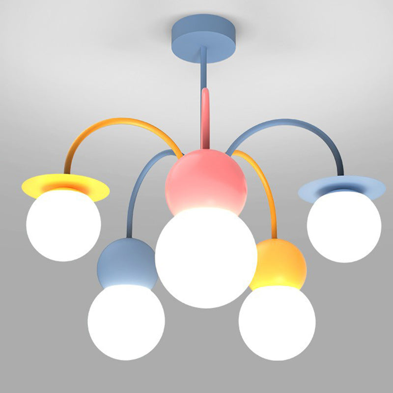 Contemporary Creative Macaron Kids Round Orb Iron Glass Aluminum LED Semi-Flush Mount Ceiling Light For Bedroom