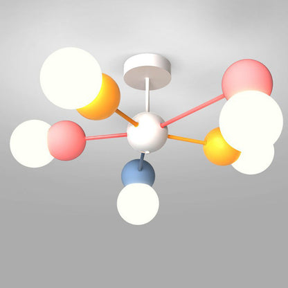 Contemporary Creative Macaron Kids Round Orb Iron Glass Aluminum LED Semi-Flush Mount Ceiling Light For Bedroom