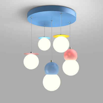 Contemporary Creative Macaron Kids Round Orb Iron Glass Aluminum LED Semi-Flush Mount Ceiling Light For Bedroom