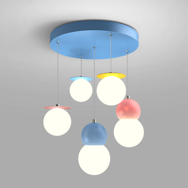 Contemporary Creative Macaron Kids Round Orb Iron Glass Aluminum LED Semi-Flush Mount Ceiling Light For Bedroom
