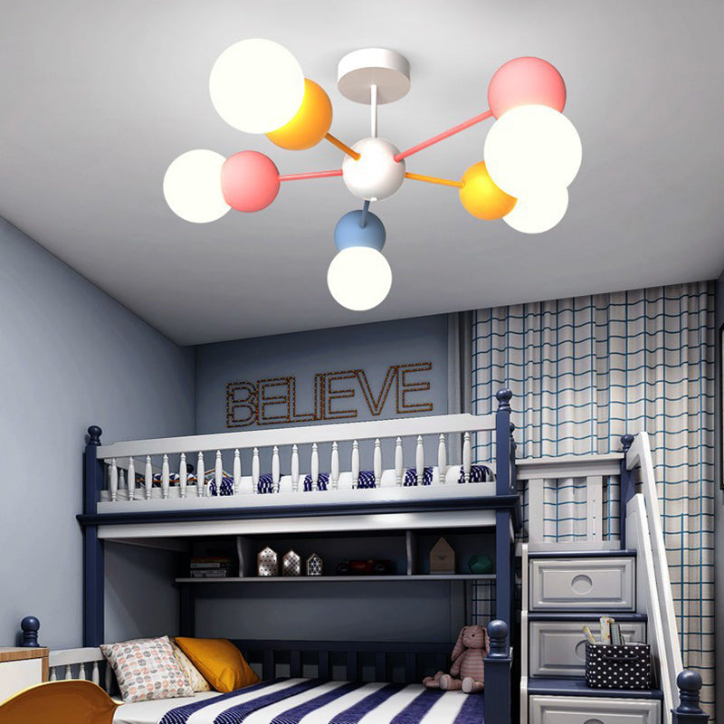 Contemporary Creative Macaron Kids Round Orb Iron Glass Aluminum LED Semi-Flush Mount Ceiling Light For Bedroom
