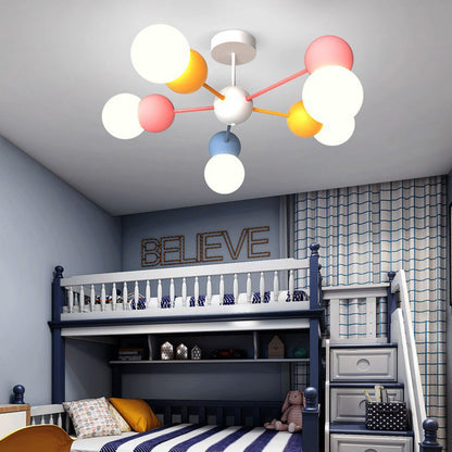 Contemporary Creative Macaron Kids Round Orb Iron Glass Aluminum LED Semi-Flush Mount Ceiling Light For Bedroom