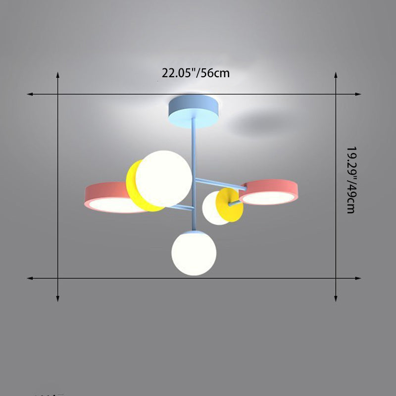 Contemporary Creative Macaron Kids Round Orb Iron Glass Aluminum LED Semi-Flush Mount Ceiling Light For Bedroom