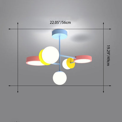Contemporary Creative Macaron Kids Round Orb Iron Glass Aluminum LED Semi-Flush Mount Ceiling Light For Bedroom