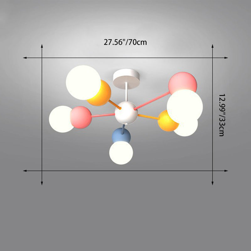Contemporary Creative Macaron Kids Round Orb Iron Glass Aluminum LED Semi-Flush Mount Ceiling Light For Bedroom