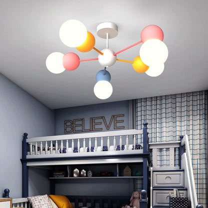 Contemporary Creative Macaron Kids Round Orb Iron Glass Aluminum LED Semi-Flush Mount Ceiling Light For Bedroom