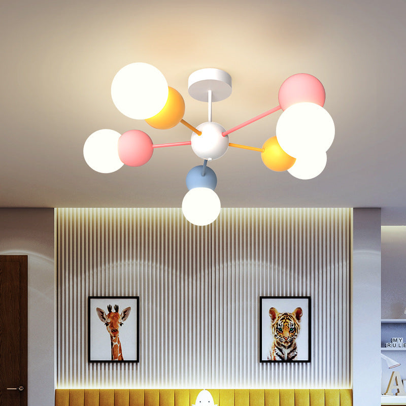 Contemporary Creative Macaron Kids Round Orb Iron Glass Aluminum LED Semi-Flush Mount Ceiling Light For Bedroom