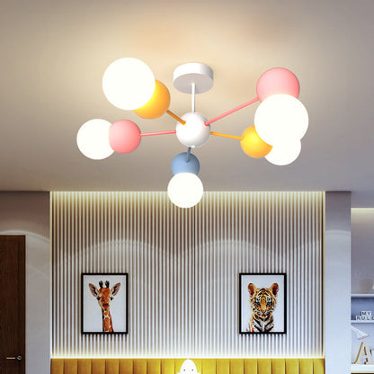 Contemporary Creative Macaron Kids Round Orb Iron Glass Aluminum LED Semi-Flush Mount Ceiling Light For Bedroom