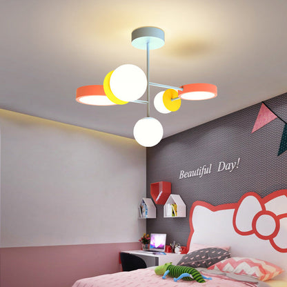 Contemporary Creative Macaron Kids Round Orb Iron Glass Aluminum LED Semi-Flush Mount Ceiling Light For Bedroom
