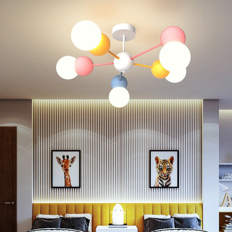 Contemporary Creative Macaron Kids Round Orb Iron Glass Aluminum LED Semi-Flush Mount Ceiling Light For Bedroom