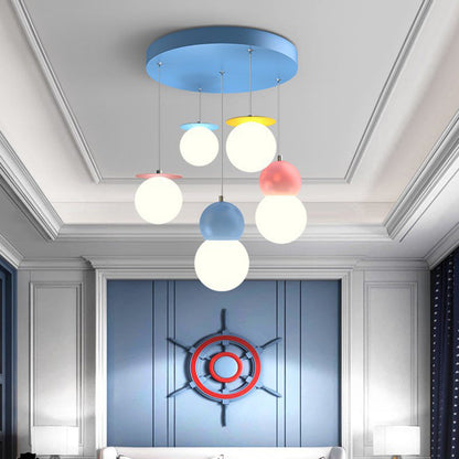 Contemporary Creative Macaron Kids Round Orb Iron Glass Aluminum LED Semi-Flush Mount Ceiling Light For Bedroom