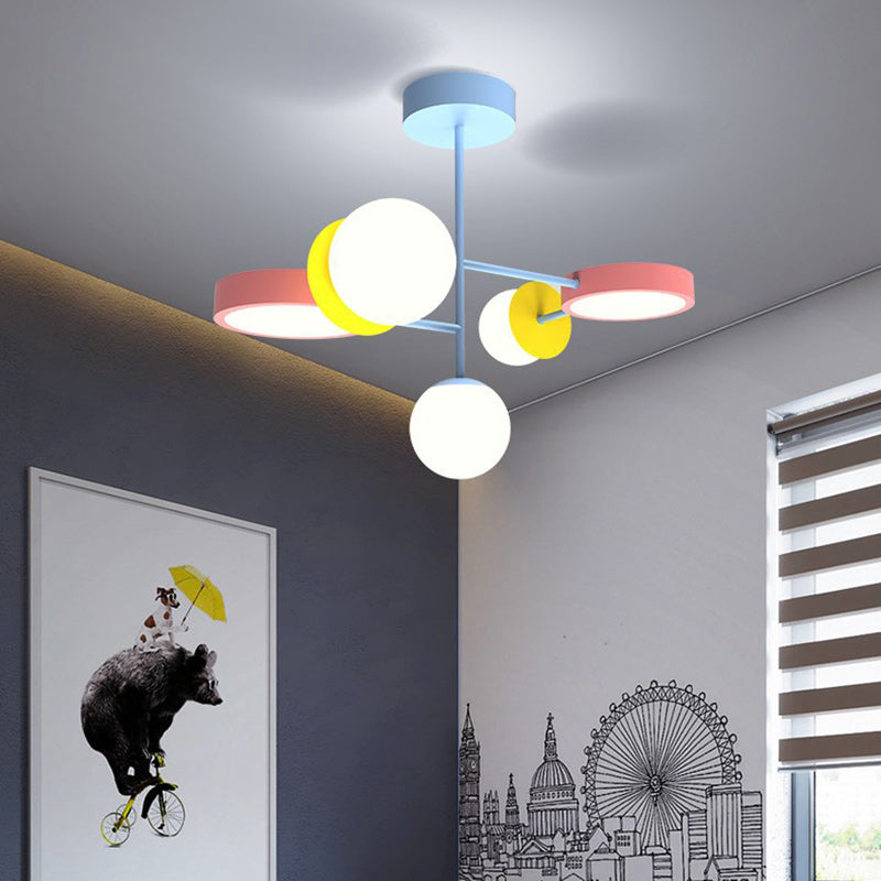 Contemporary Creative Macaron Kids Round Orb Iron Glass Aluminum LED Semi-Flush Mount Ceiling Light For Bedroom