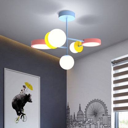 Contemporary Creative Macaron Kids Round Orb Iron Glass Aluminum LED Semi-Flush Mount Ceiling Light For Bedroom