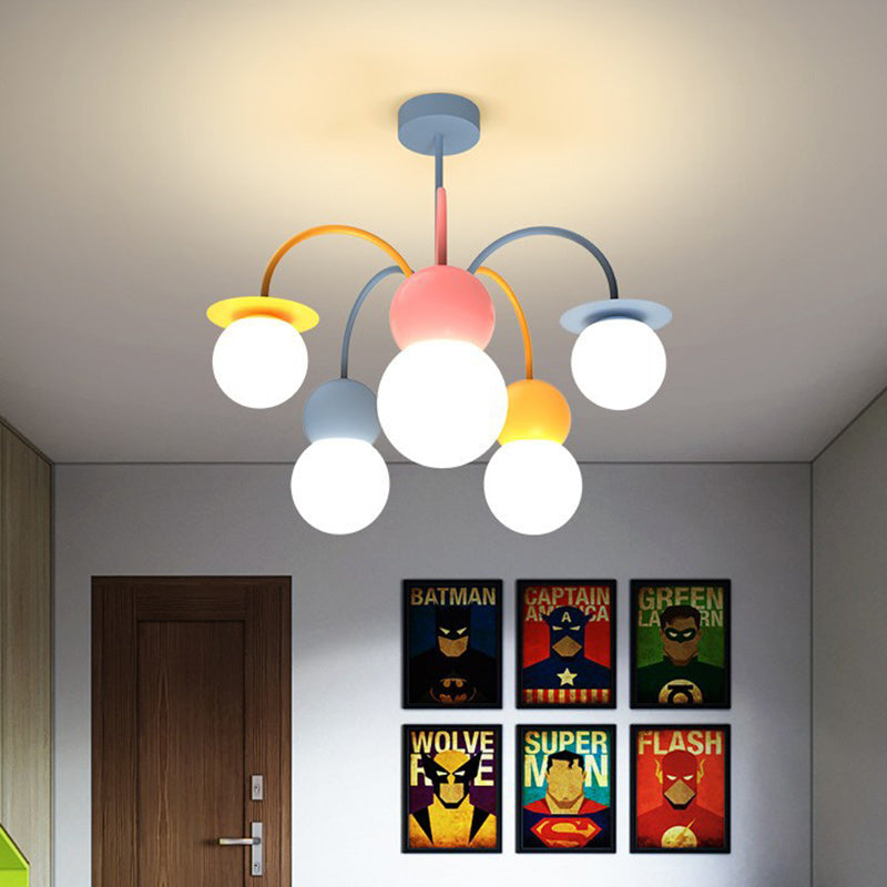 Contemporary Creative Macaron Kids Round Orb Iron Glass Aluminum LED Semi-Flush Mount Ceiling Light For Bedroom