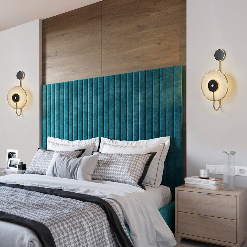 Modern Mid-Century Round Iron Copper Marble LED Wall Sconce Lamp For Bedroom