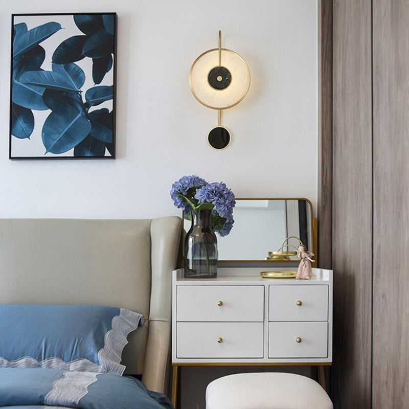 Modern Mid-Century Round Iron Copper Marble LED Wall Sconce Lamp For Bedroom