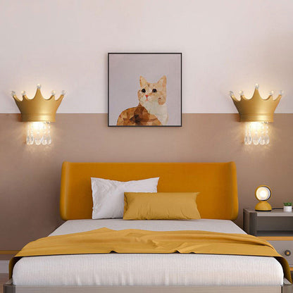 Contemporary Creative Kids Crown Semicircle Resin Crystal 2-Light Wall Sconce Lamp For Bedroom
