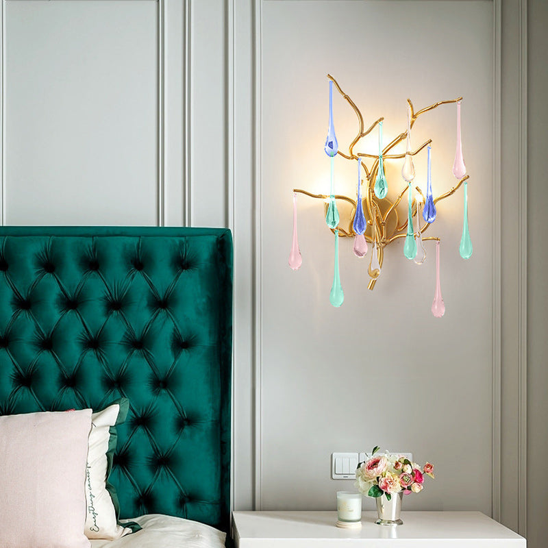 Modern Art Deco Tree Branch Colorful Water Drops Aluminum Glass 3-Light Wall Sconce Lamp For Bedroom