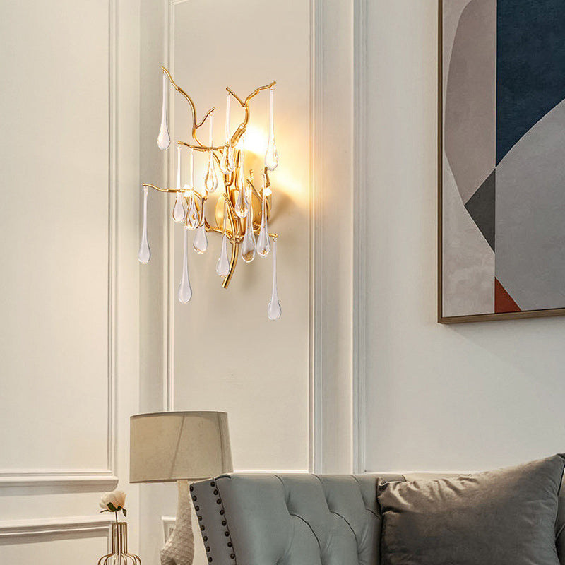 Modern Art Deco Tree Branch Colorful Water Drops Aluminum Glass 3-Light Wall Sconce Lamp For Bedroom