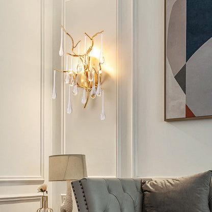 Modern Art Deco Tree Branch Colorful Water Drops Aluminum Glass 3-Light Wall Sconce Lamp For Bedroom