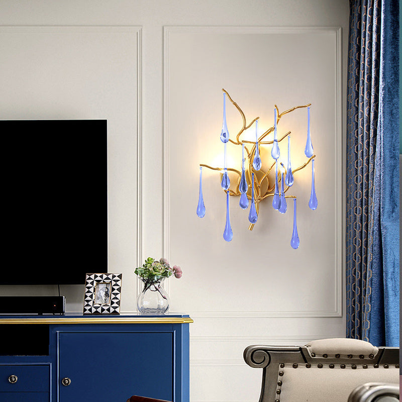 Modern Art Deco Tree Branch Colorful Water Drops Aluminum Glass 3-Light Wall Sconce Lamp For Bedroom