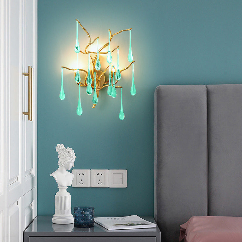 Modern Art Deco Tree Branch Colorful Water Drops Aluminum Glass 3-Light Wall Sconce Lamp For Bedroom
