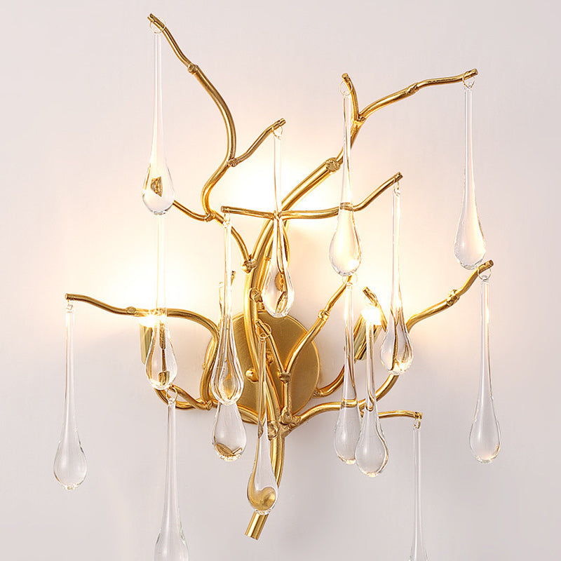 Modern Art Deco Tree Branch Colorful Water Drops Aluminum Glass 3-Light Wall Sconce Lamp For Bedroom