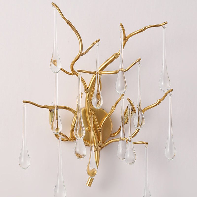 Modern Art Deco Tree Branch Colorful Water Drops Aluminum Glass 3-Light Wall Sconce Lamp For Bedroom