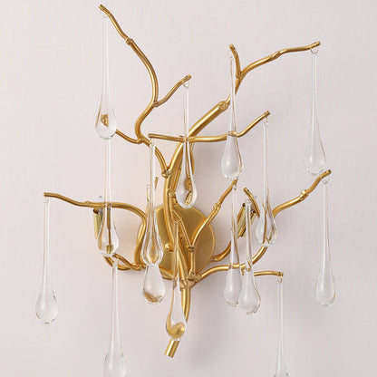 Modern Art Deco Tree Branch Colorful Water Drops Aluminum Glass 3-Light Wall Sconce Lamp For Bedroom