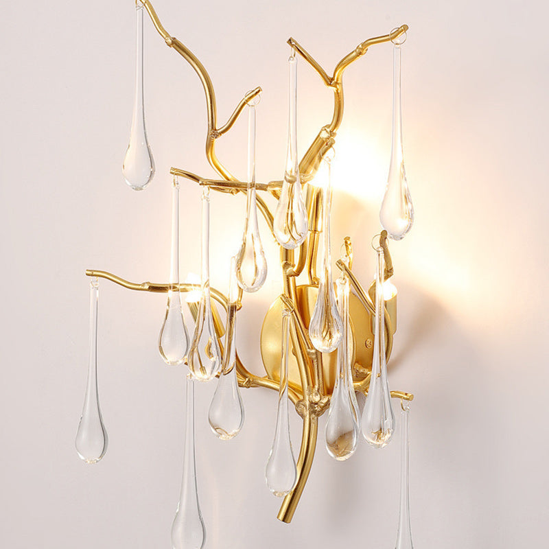 Modern Art Deco Tree Branch Colorful Water Drops Aluminum Glass 3-Light Wall Sconce Lamp For Bedroom