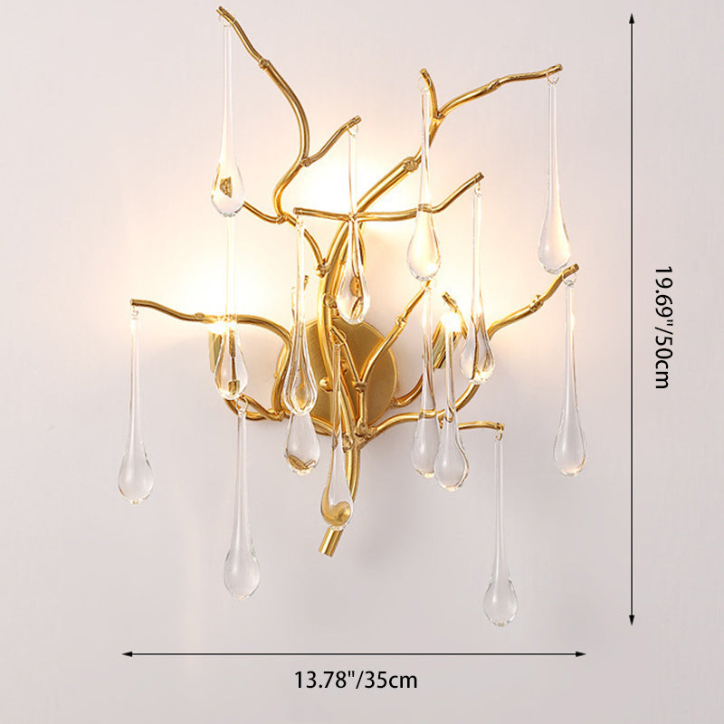Modern Art Deco Tree Branch Colorful Water Drops Aluminum Glass 3-Light Wall Sconce Lamp For Bedroom