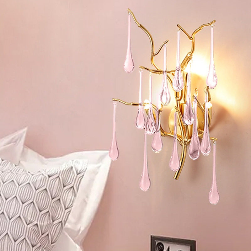 Modern Art Deco Tree Branch Colorful Water Drops Aluminum Glass 3-Light Wall Sconce Lamp For Bedroom