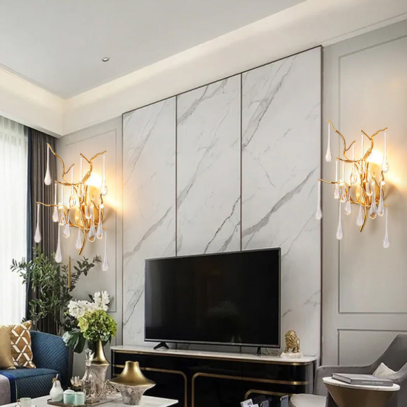 Modern Art Deco Tree Branch Colorful Water Drops Aluminum Glass 3-Light Wall Sconce Lamp For Bedroom