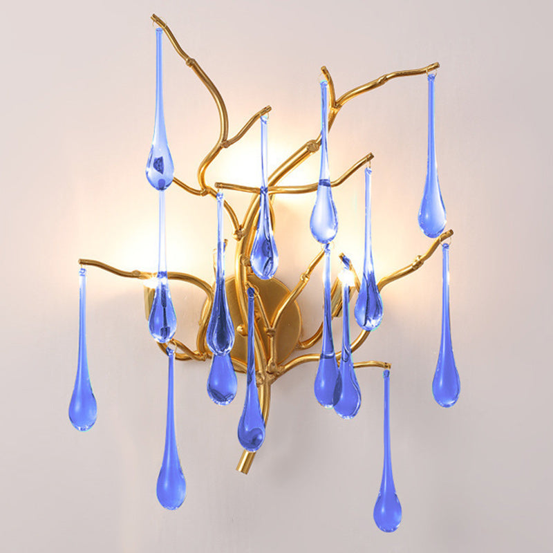Modern Art Deco Tree Branch Colorful Water Drops Aluminum Glass 3-Light Wall Sconce Lamp For Bedroom