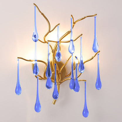 Modern Art Deco Tree Branch Colorful Water Drops Aluminum Glass 3-Light Wall Sconce Lamp For Bedroom