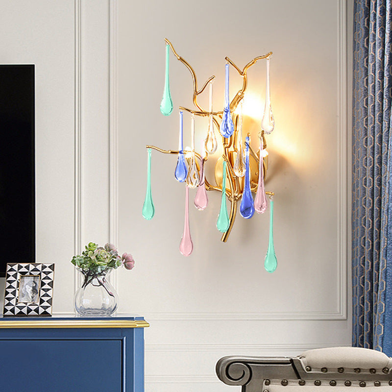 Modern Art Deco Tree Branch Colorful Water Drops Aluminum Glass 3-Light Wall Sconce Lamp For Bedroom