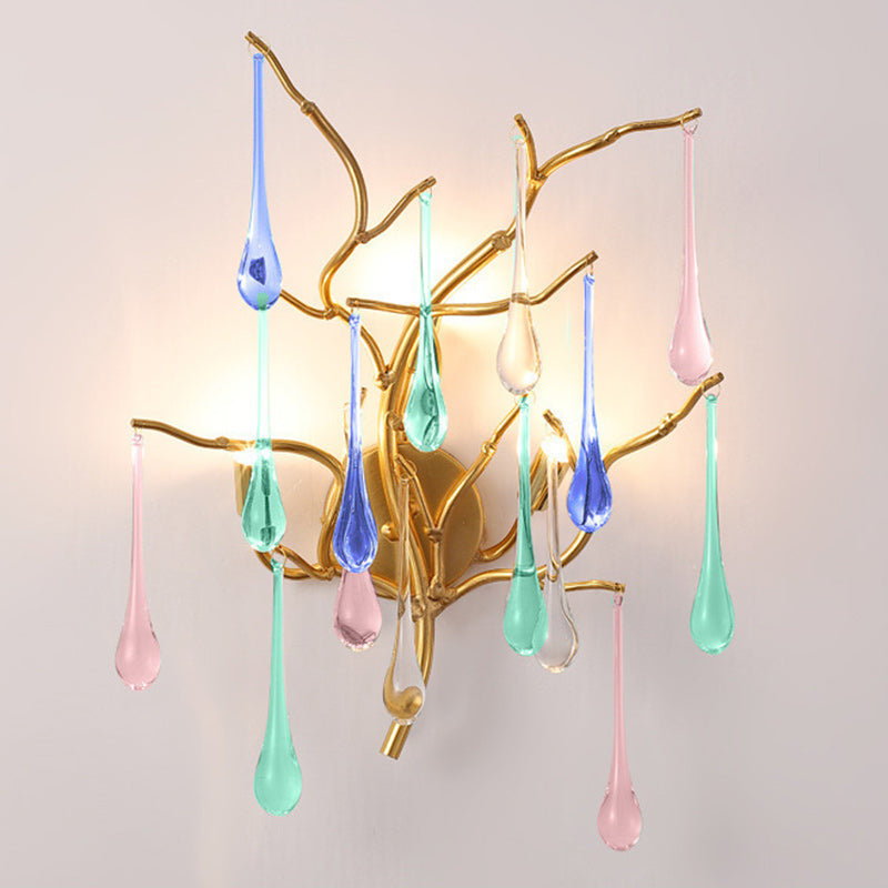 Modern Art Deco Tree Branch Colorful Water Drops Aluminum Glass 3-Light Wall Sconce Lamp For Bedroom