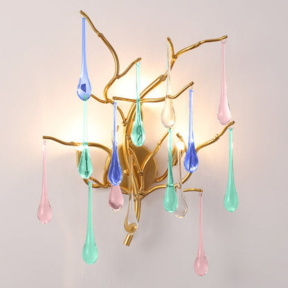 Modern Art Deco Tree Branch Colorful Water Drops Aluminum Glass 3-Light Wall Sconce Lamp For Bedroom