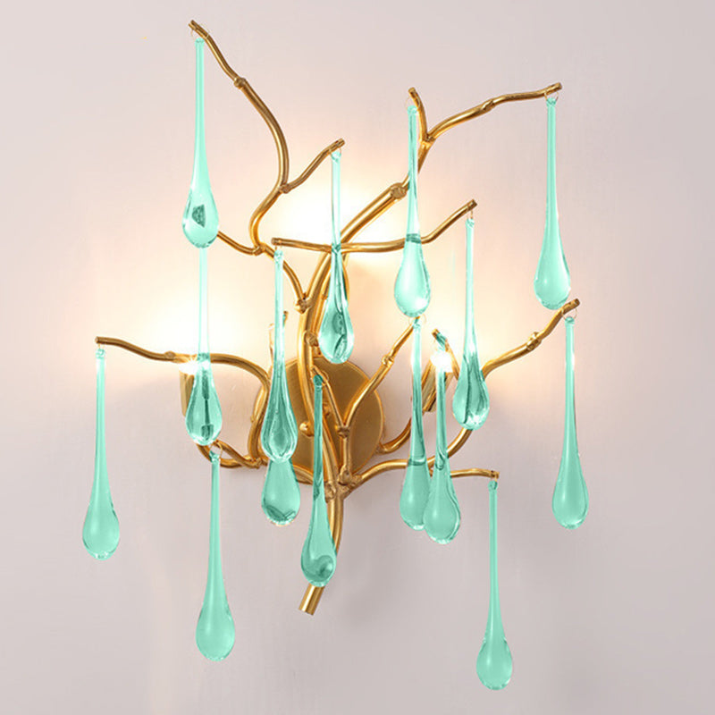 Modern Art Deco Tree Branch Colorful Water Drops Aluminum Glass 3-Light Wall Sconce Lamp For Bedroom