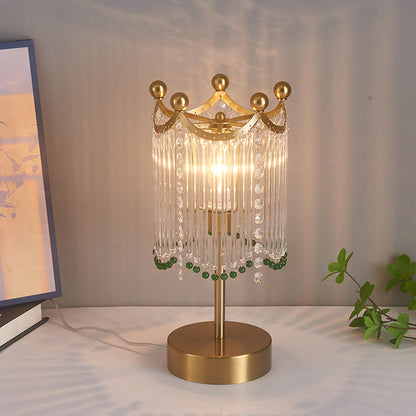 Traditional French Tassel Round Cylinder Metal Glass 1-Light Table Lamp For Bedroom