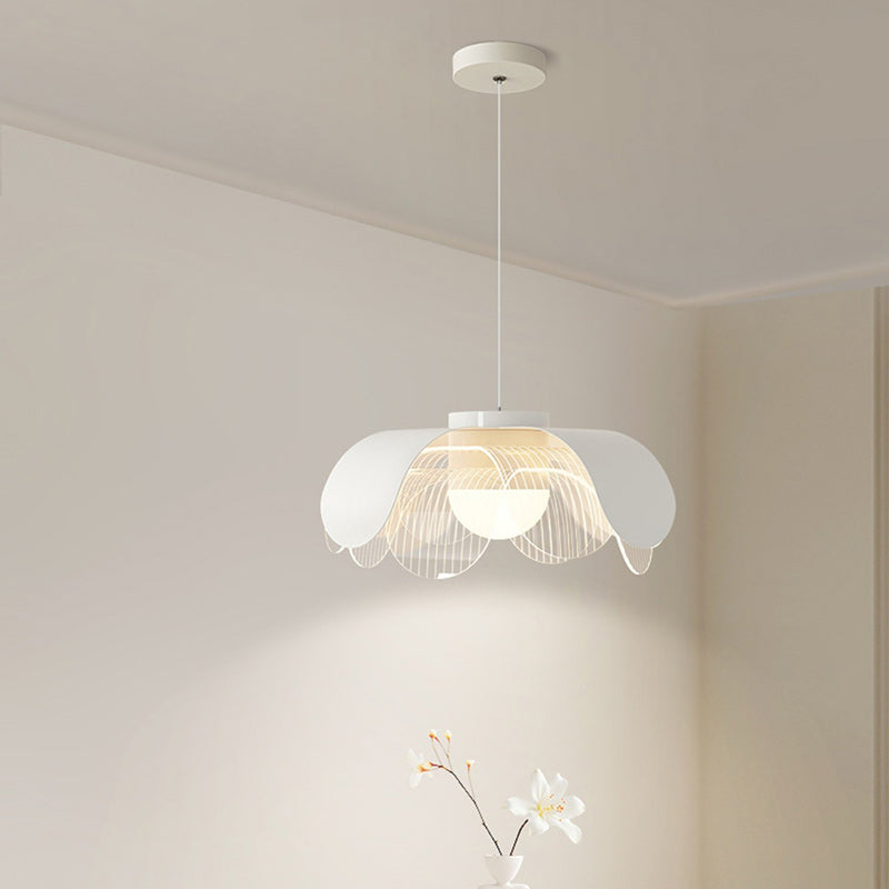 Contemporary Scandinavian Cream Flower Round Iron Acrylic LED Pendant Light For Dining Room