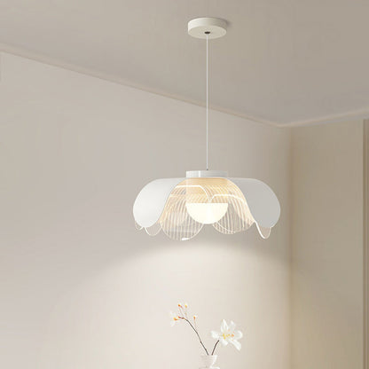 Contemporary Scandinavian Cream Flower Round Iron Acrylic LED Pendant Light For Dining Room