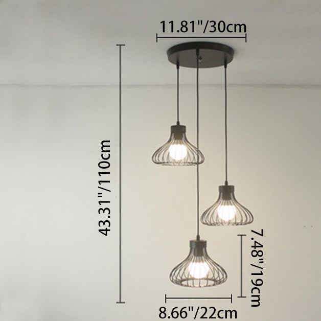 Contemporary Industrial Cone Round Iron 1/3 Light Chandelier For Dining Room