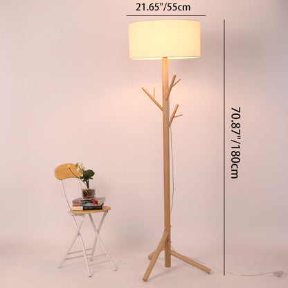 Traditional Japanese Twig Shaped Round Cylinder Wood Fabric 1-Light Standing Floor Lamp For Living Room